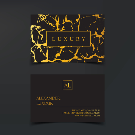 Luxury business cards vector template, banner and cover with marble zebra texture and golden foil details on black. Branding and identity graphic design.のイラスト素材