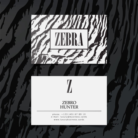 Luxury fashion business cards vector template, banner and cover with zebra texture pattern details on white. Branding and identity graphic design.のイラスト素材