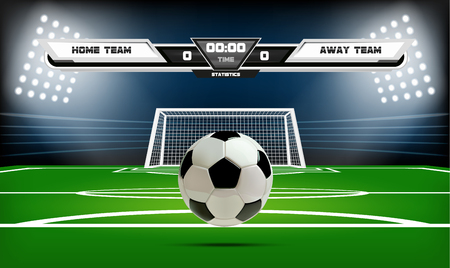 Football or soccer playing field with infographic elements and 3d ball sports game. Football stadium spotlight and scoreboard background vector illustration.のイラスト素材