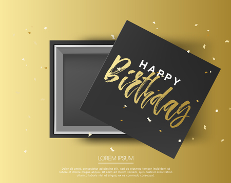 Opened Black Cardboard Package Mock Up Box. Gift box with Happy Birthday Golden Lettering Sign on Beautiful gold Backgroundのイラスト素材