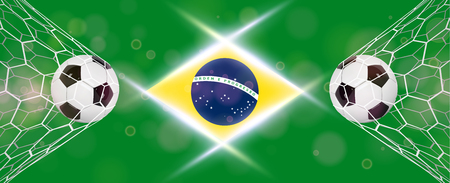 Soccer or Football wide Banner With 3d Ball on blue background and flag of Brasil. Football game match goal moment with realistic ball in the net and place for textのイラスト素材