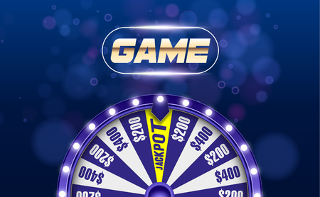 Blue fortune wheel 3d object on abstract defocused circular blue bokeh background. Wheel of luckのイラスト素材