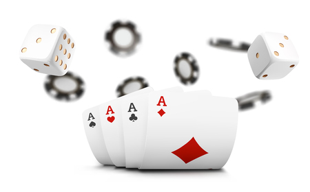 Playing cards, poker chips and dice fly casino on white background. Poker casino vector illustration. Online casino game gambling 3d vector concept, poker mobile app iconのイラスト素材