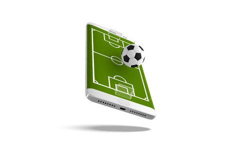 Mobile football soccer. Mobile sport play match. Online soccer game with live mobile app. Football field on the smartphone screen and ball. Online ticket sales conceptのイラスト素材