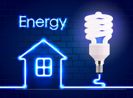 Eco energy saving light bulb, glowing compact fluorescent lightbulb. Energy saving digital design concept of blue glowing neon sign and house. Eco energy banner.の写真素材