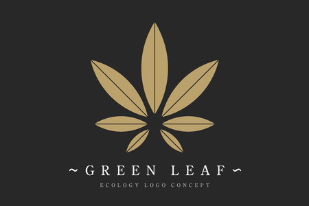 Cannabis marijuana hemp green leaf flat symbol or logo design. Cannabis green silhouette ecology logo. Hemp emblem for the logo design packaging of goods, food, for the creation of printed products.のイラスト素材