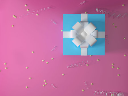 Christmas and New Years Open blue gift box top view on pink background. 3d rendering of an open gift...