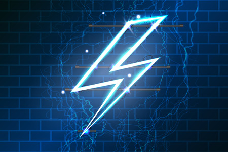 Neon sign of lightning signboard on the blue background. Vector illustration.のイラスト素材