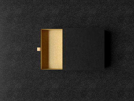 Opened Black Gift Box Mockup on black background, 3d rendering. Luxury packaging box for premium...