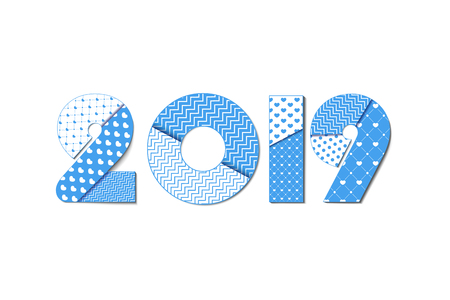 2019 Happy New Year greeting card. Celebration red background with heart, number 2019 and place for your text. Vector Illustrationのイラスト素材