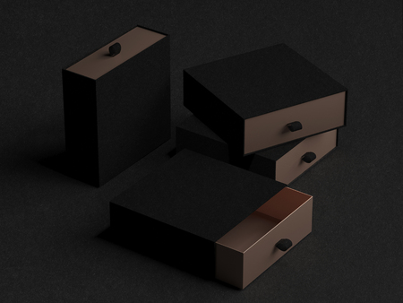 Elegant open black and gold Gift Box Mockup on blackの写真素材