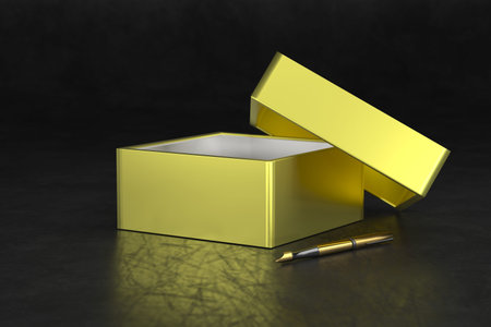 Golden open Gift Box packaging Mockup on blackの写真素材