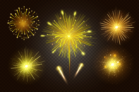 Bright festive colorful fireworks set. Vector realistic fireworks illustration. New Year Christmas firework. Firework explosion, star or stardust, bright colorsのイラスト素材
