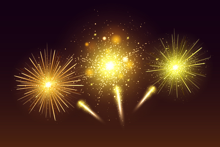 Bright festive colorful fireworks set. Vector realistic fireworks illustration. New Year Christmas firework. Firework explosion, star or stardust, bright colorsのイラスト素材