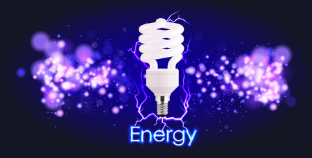 Eco energy saving light bulb, glowing compact fluorescent lightbulb. Energy saving digital design concept of blue glowing neon flasf lights. Eco energy bannerのイラスト素材