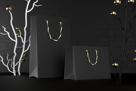 Premium black shopping bags mock-up, package for purchases on a black background. Black paper...