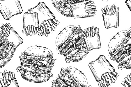 Burgers seamless pattern. Hand drawn vector illustration. Fast food, junk food pattern. American food. Burgers restaurant menu design. Hand drawn illustration of hamburger sandwich sketch style.のイラスト素材