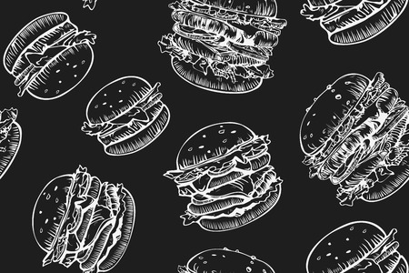 Burgers seamless pattern. Hand drawn hamburger and french fries. Fast food, junk food pattern. American food. Burgers restaurant menu design. Hamburger sandwich sketch style.の写真素材