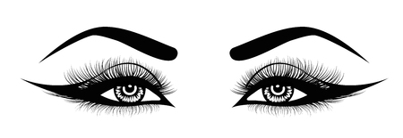 Vector eye lashes. Hand-drawn woman s sexy luxurious eye with perfectly shaped eyebrows and full lashes. Idea for business visit card, typography vector. Perfect salon look.のイラスト素材
