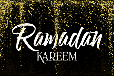 Ramadan Kareem greeting card arabic template. Calligraphy with colorful with gold glitter effect. Islamic banner background design.のイラスト素材