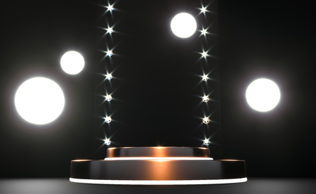 Golden round podium, pedestal or platform, illuminated by led spotlights. illustration. Bright lightpodium. Advertising place. Blank product stand and Abstract background with light. 3d Rendering.の写真素材