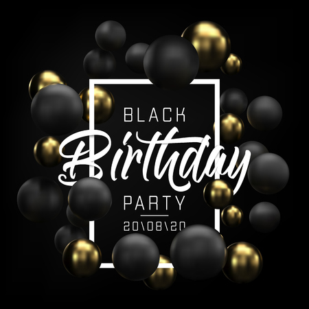 Happy Birthday card, party flyer or banner design with black and gold balloons. Invitation with golden and black 3d spheres on black background. Happy birthday congratulation. Vectorのイラスト素材