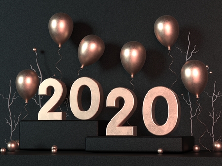 2020, 3D rendering numbers with balloons on blackの写真素材