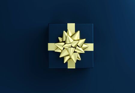 Blue gift box with big golden bow. Christmas box template black background. Luxury packaging collection. Present box top view. 3D Renderingの写真素材