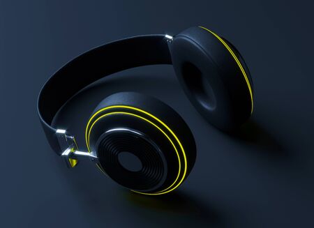 Modern black headphones. Wireless headset 3d rendering on black background.の写真素材
