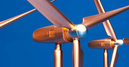 Golden wind trubine at sunny day with blue sky. Generating renewable energy concept. Generating electricity.の写真素材