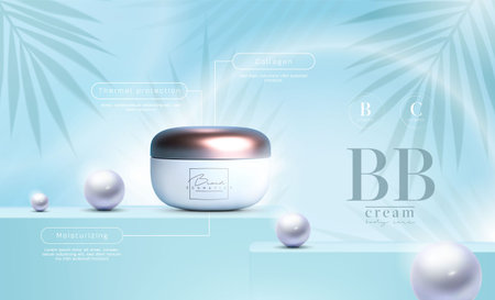 Vector 3D elegant cosmetic products background premium cream jar for skin care products. Luxury facial cream. Cosmetic ads flyer or banner design. Blue cosmetic cream template. Makeup products brandのイラスト素材
