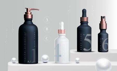 Vector 3D elegant cosmetic products background premium cream jar for skin care products. Luxury facial cream. Cosmetic ads flyer or banner design. Blue cosmetic cream template. Makeup products brandのイラスト素材