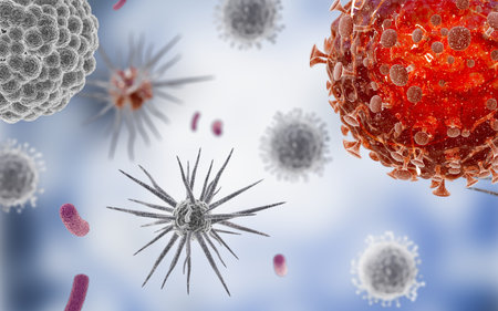 Close-up of virus cells or bacteria. Flu, view of a virus under a microscope, infectious disease....