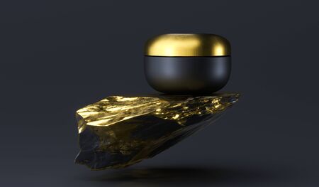 Black and gold face cream jar package for cream, butter, scrub, gel, powder, wax. Realistic packaging cosmetic mock up template on black background. 3d renderinの写真素材