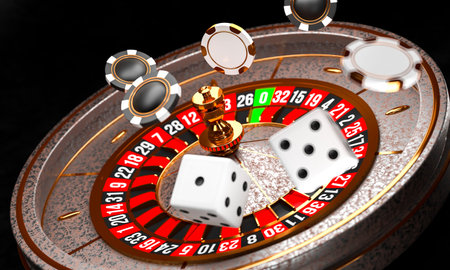 Casino background. Luxury Casino roulette wheel on black background. Online casino theme. Close-up...