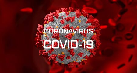 Coronavirus 2019-nCov novel coronavirus and blood cells. Pandemic concept of coronavirus influenza as dangerous flu. Microscope virus molecule close up. 3d rendering.の写真素材