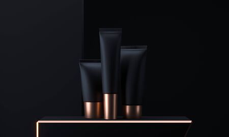 Cosmetic tubes mock up set. Cosmetic packaging tube. Make up blank face cream tube. Trendy black gold realistic beauty products on dark background. Skin or hair care. 3d renderingの写真素材