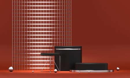 3D rendering red podium geometry with gold elements. Product presentation blank podium. Minimal...