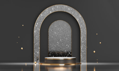 3D rendering black podium geometry with gold elements. Empty showcase, marble pedestal platform...