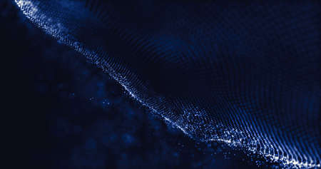 Wave of particles. Data technology abstract futuristic illustration. Low poly shape with connecting dots on dark background. 3D rendering. Big data visualization. Futuristic blue dots backgroundの写真素材