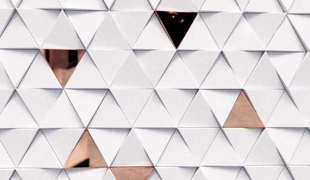 Abstract triangular luxury background with white and golden triangles. Geometric 3d rendering.