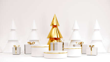 Happy New Year Background With Podium, Christmas tree and gifts. 3D renderingの写真素材