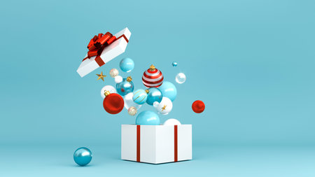 Opened gift box. Happy New Year or Christmas box with gifts, holiday celebration accessory. White...