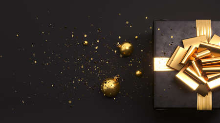 Luxury black gift box. Happy New Year or Christmas box, holiday celebration accessory top view. Shiny box with golden ribbon bow, 3d renderingの写真素材