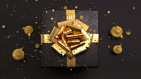 Luxury black gift box. Happy New Year or Christmas box, holiday celebration accessory top view. Shiny box with golden ribbon bow, 3d renderingの写真素材