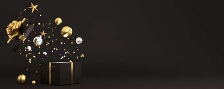 Opened luxury black gift box. Happy New Year or Christmas box with gifts, holiday celebration accessory. Shiny box with golden ribbon bow, 3d renderingの写真素材