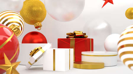 Christmas decorations with gifts. Happy New Year or Christmas Background With Podium and 3D rendering.の写真素材