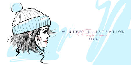 Fashion girl hand drawn. Sketch woman in winter hat. Stylish girl lookのイラスト素材