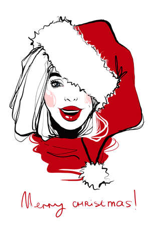 Christmas fashion girl hand drawn. Sketch woman in winter hat. Stylish girl look. Christmas card.のイラスト素材