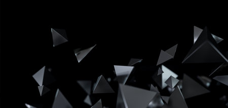 Abstractblack background with 3D particles. Flying polygonal spheres and objects in dark space, futuristic design.の写真素材